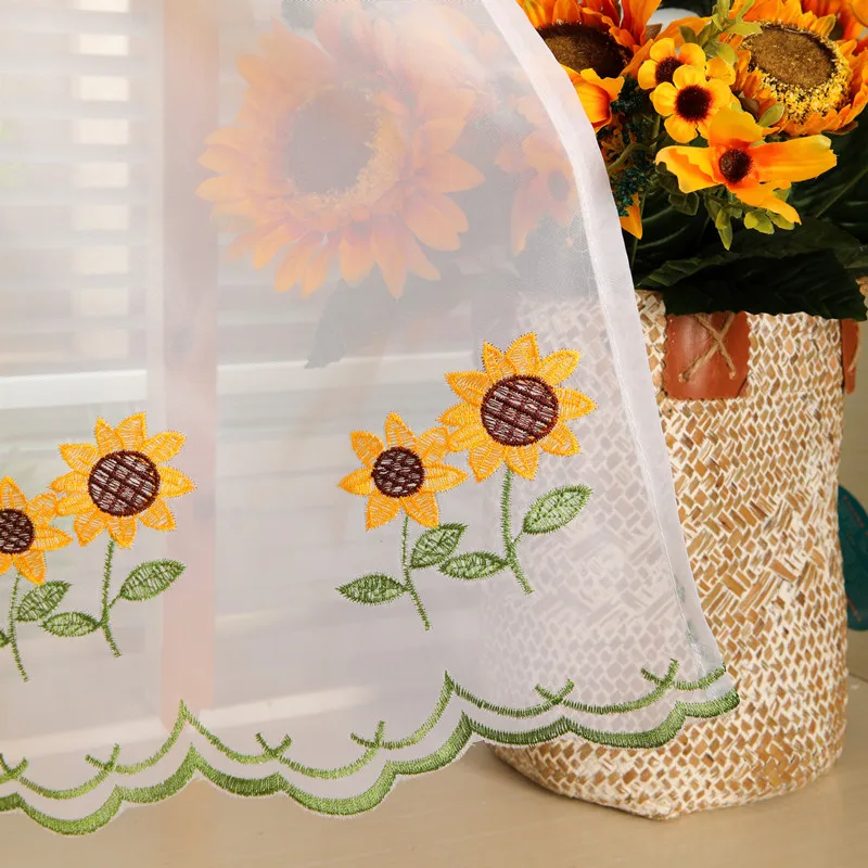 Embroidery Short Tulle Curtains for Living Room, Lace Half Curtains for Kitchen Bathroom Door, Home Drapes American Sunflower