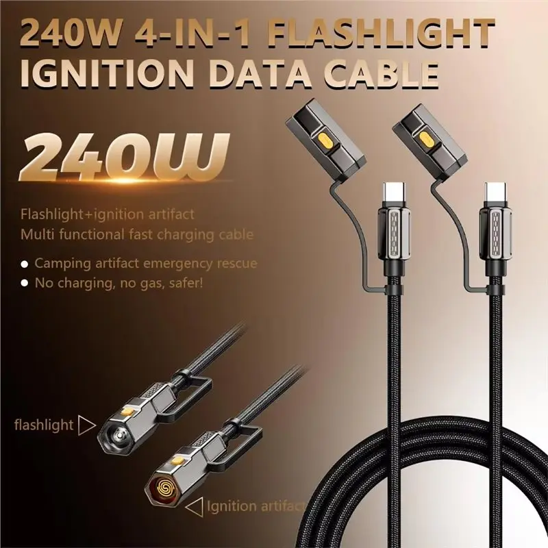 24-Hour Delivery Fast Charging 4-In-1 240W USB Type-C Charging Cable Featuring Cigarette Lighter& Flashlight For Car Outdoor Cam