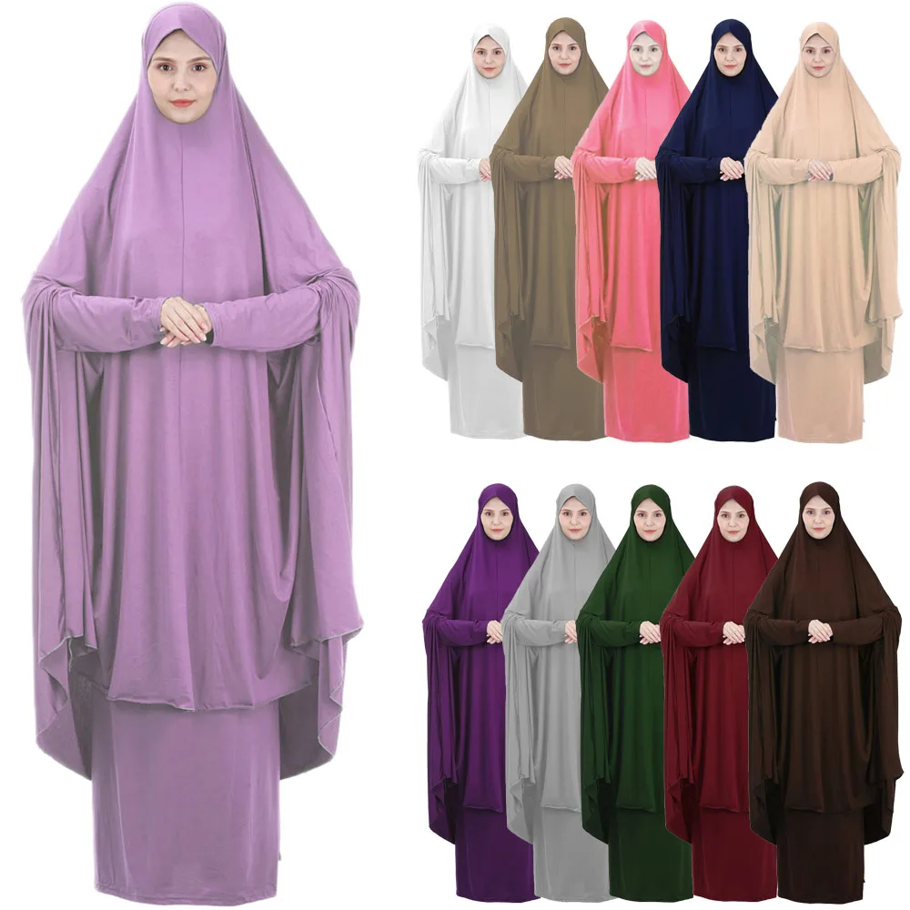 Muslim Hijab Abaya 2 pieces Dress Islamic Prayer Modest Full Cover Middle East Arab Women Robe Maxi Kaftan Khimar