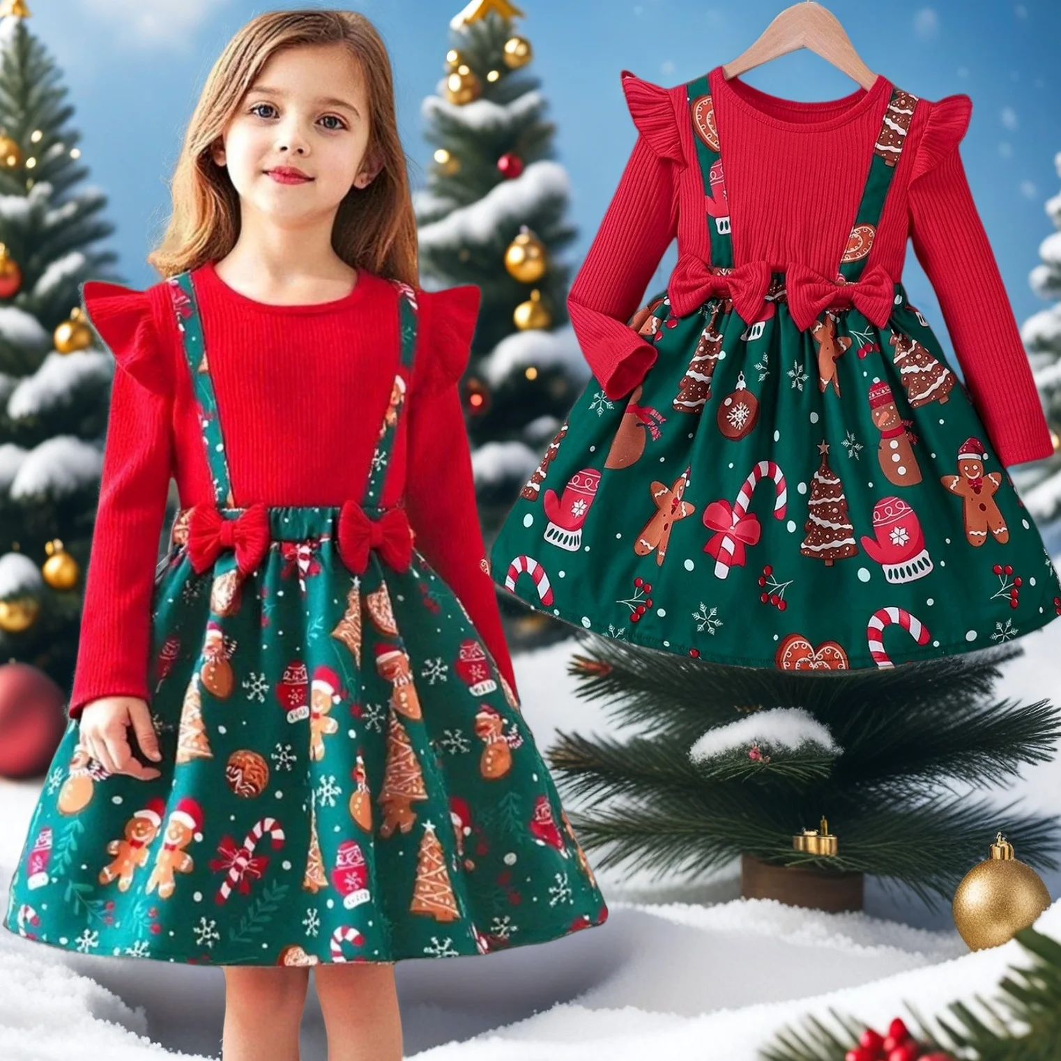 

2025 Girls' Christmas Dress with Bow Belt Long Sleeve Dresses For Girls for Fall/Winter Parties Children Clothing 2 To 7 Years