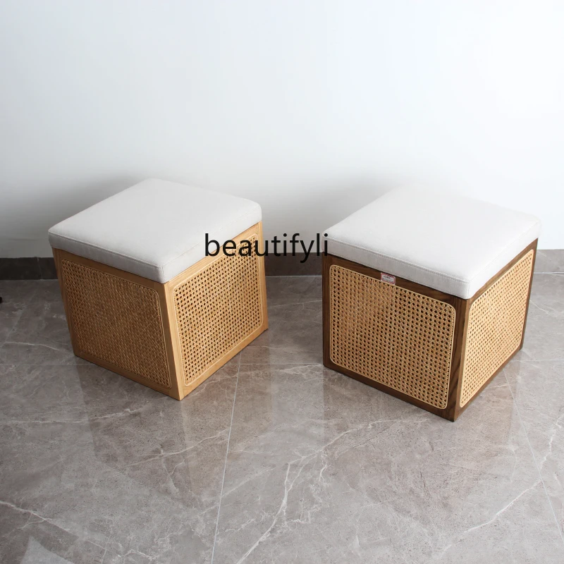 

White Ash Wood Rattan Storage Shoe Changing Stool Fabric Makeup Square Stool New Chinese Style Tea Stool