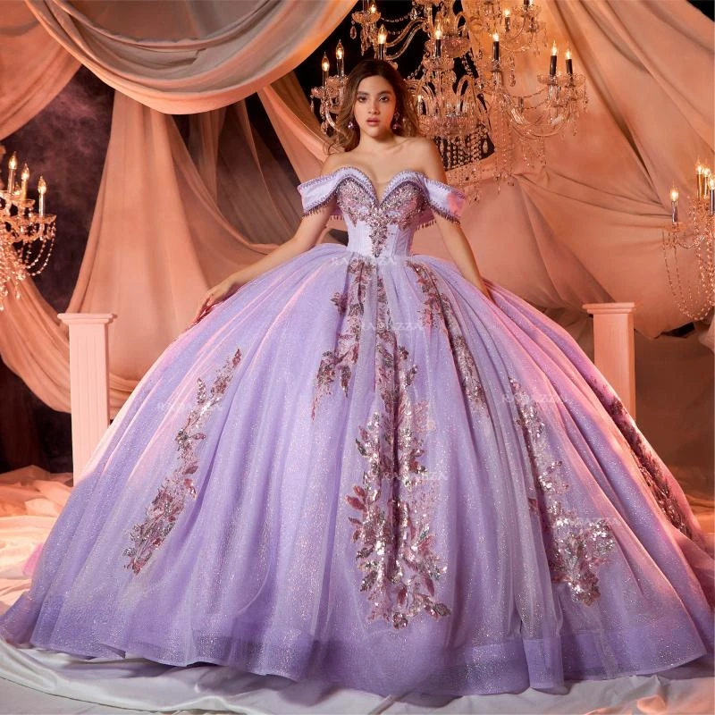 

Lilac Lavender Gillter Princess Quinceanera Dresses Sequin Applique Lace Beads Crystal Tull Corset Lace-up vestidos de 15 años