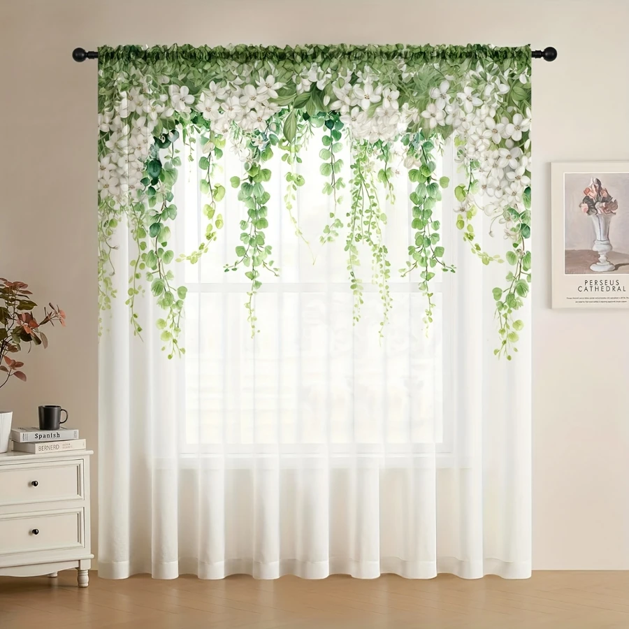 1PC Sheer Curtain White Flower Green Vine Botanical Print, Rod Pocket Window Curtain for Living Room Fresh Decor