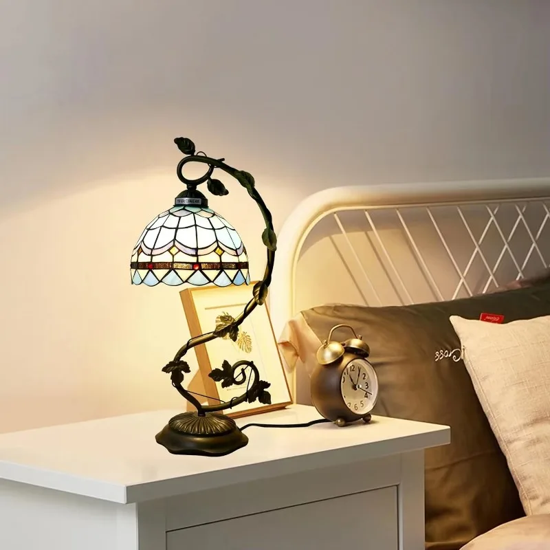 

Bedside lamp Morning glory curved stained glass table lamp with metal leaf decoration