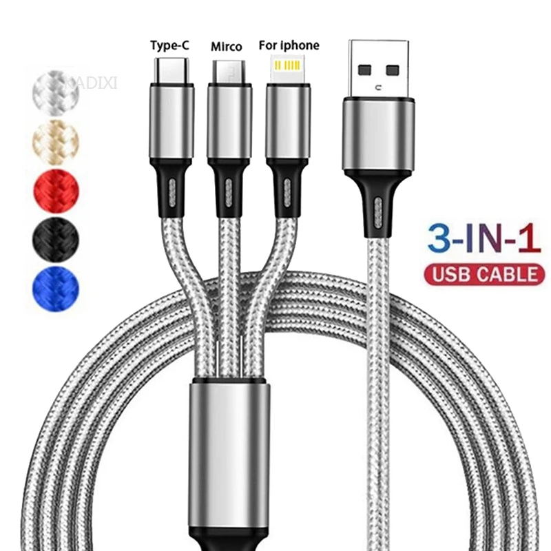 KADIXI Cable de carga rápida USB 3 en 1 tipo C, Micro, iOS, cargador múltiple para iPhone, Huawei, Samsung, trenzado en nylon
