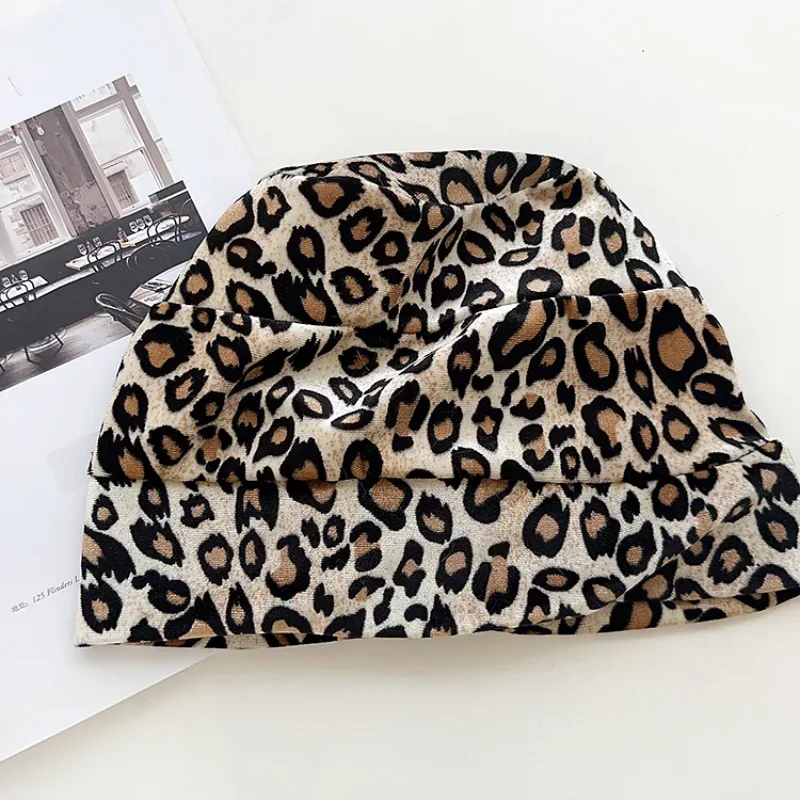 American Retro Y2K Leopard Print Pullover Hats Women Summer and Autumn Thin Niche Fashion Versatile Show Face Small Beanies Cap