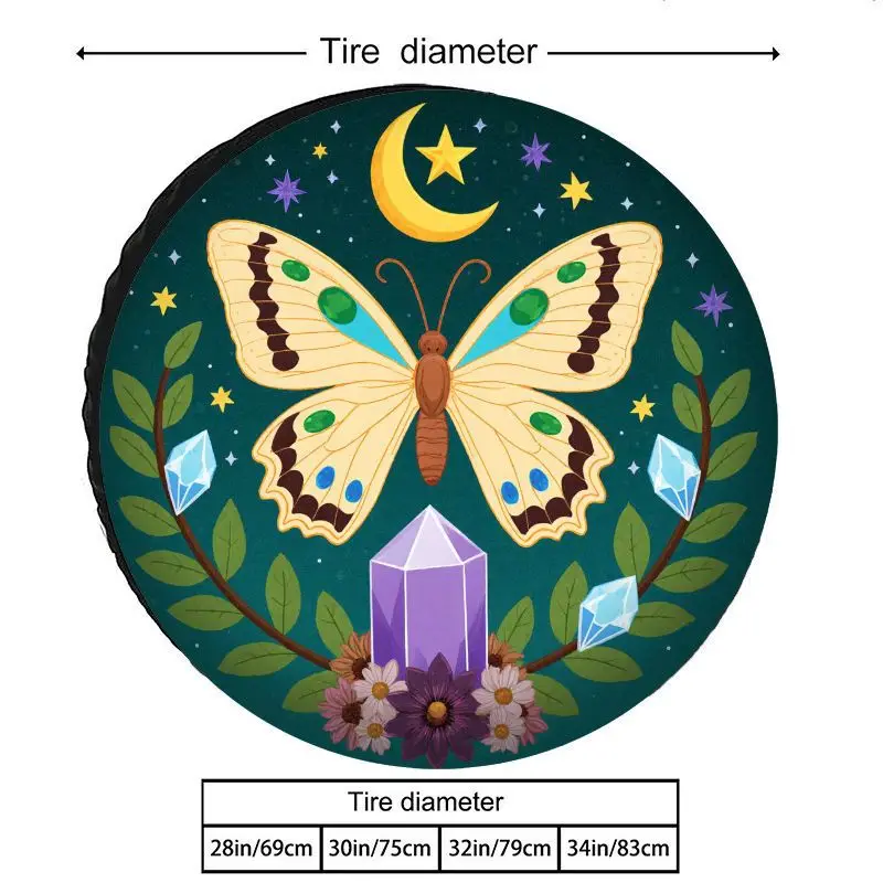 Polyester Tire Cover With A Whimsical Natural Pattern Featuring Butterflies, Stars, Moons, Branches, And Crystal Flowers. Suitab