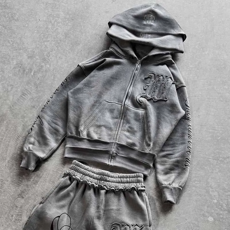 Ensemble de survêtement à broderie en détresse gris, Y2K Streetwear surdimensionné à capuche et pantalon pour femmes, tenue décontractée énervé en deux pièces