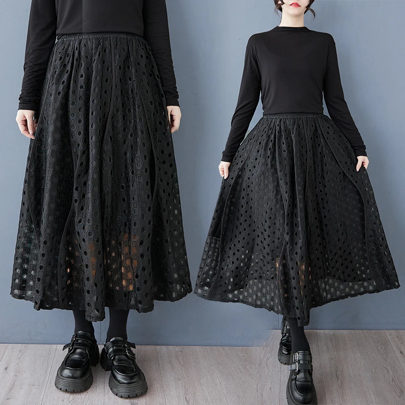 

Faionable plus Size Lace Hollow out Asymmetrical Elastic Waist Skirt Japanese Sle 2025 New Arrival Women's Commute Vintage