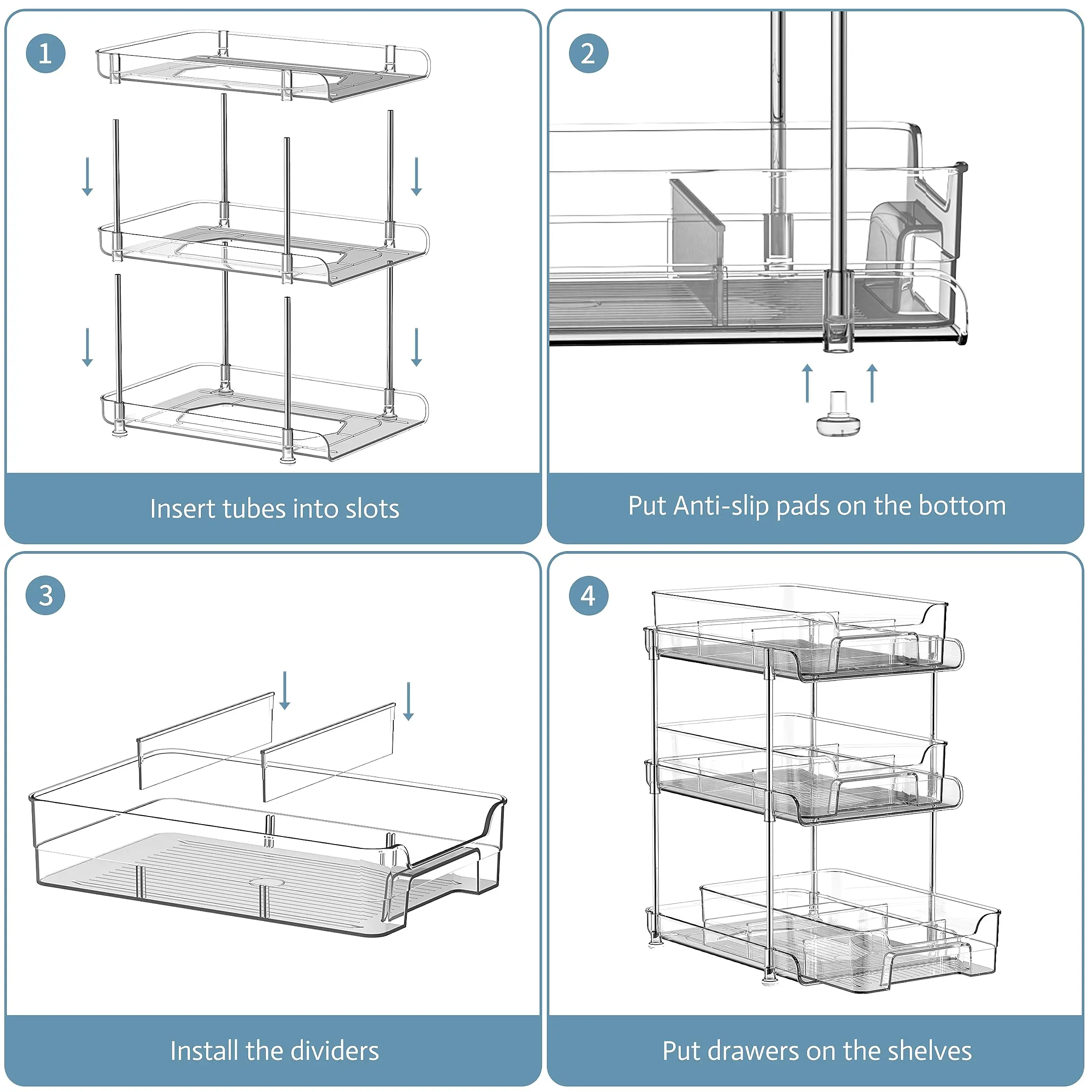 3 Tier Clear Pull Out Organizer with 3pcs Storage Bins, Large Size Multi-Purpose Slide-Out Storage Container