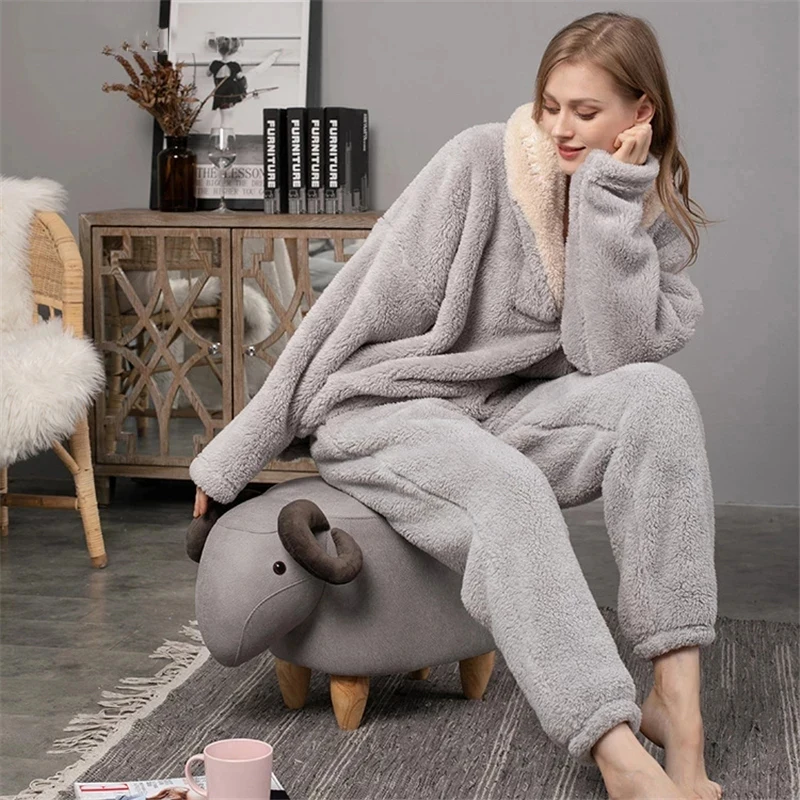 New Pajama Sets Women\'s Solid Long Sleeve Winter Woman Fluffy Pijama Suit with Pants Thick Warm Fleece Home Clothes for Female