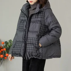 Short Down Jacket Women Winter Parka Plaid Hooded White Duck Down Coat Thick Warm Loose A-line Shape Oversize Overcoat Female