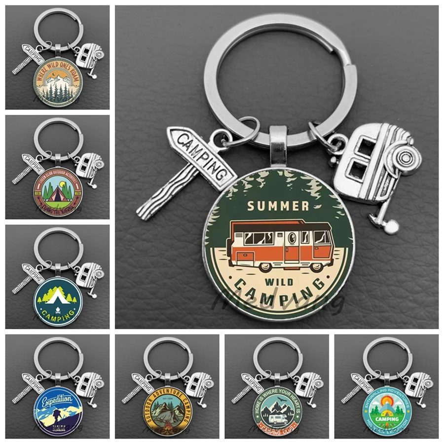 2024 Camping Adventure Logo Keychain RV Camping Site Glass Keychain Mountain Camping Enthusiasts Souvenir Bonfire Evening Gift