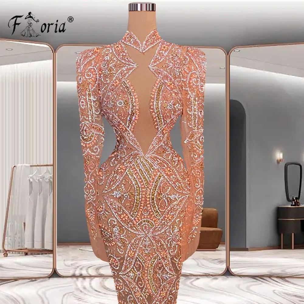 Perline di cristallo di lusso abiti da sera a sirena perle fatte a mano Couture oro rosa manica lunga Dubai Party Prom Gown Vestidos Gala