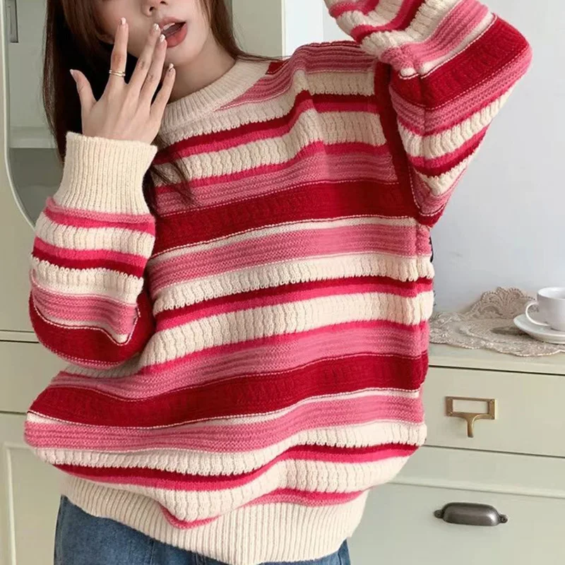 

Fashion O-Neck Knitted Loose Korean Striped Sweater Female Clothing 2023 Autumn New Casual Pullovers All-match Commute Tops