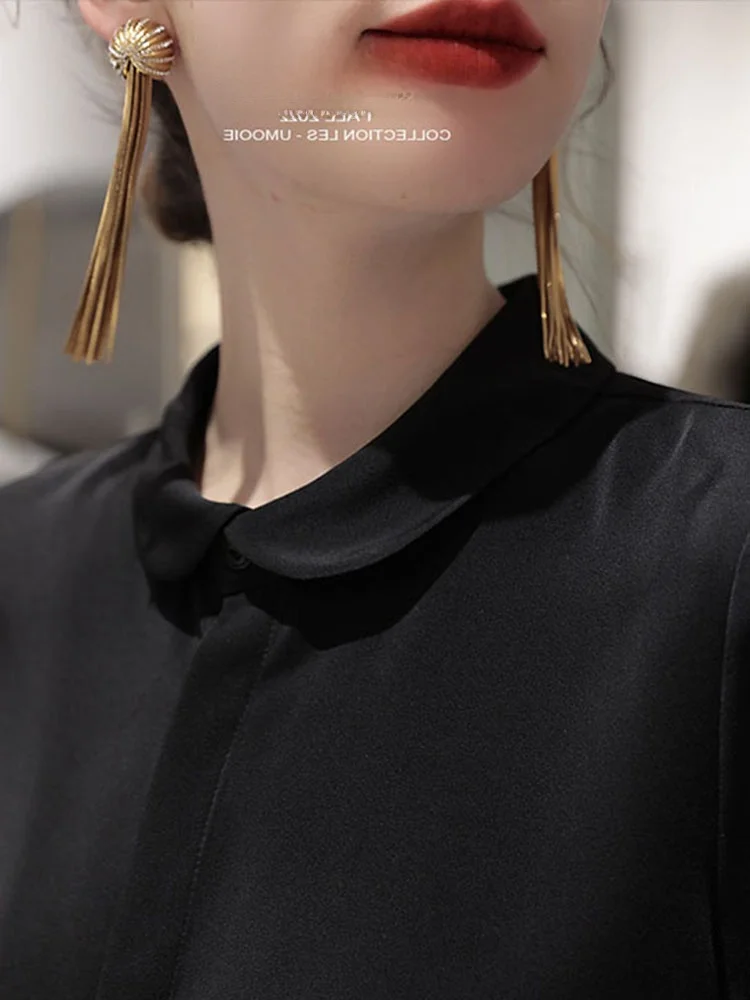 Ele Casual Long Sve irt Women's Chiffon Blouse Thin Commute Korean Sle Button Detail Regular Length Pure Color