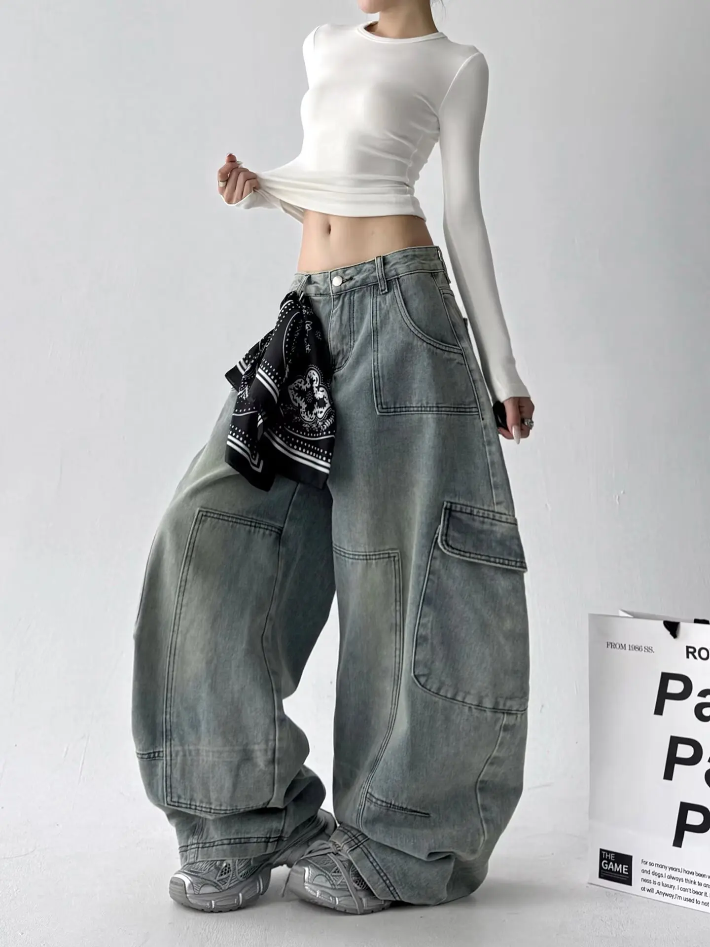 가을과 겨울에 입는 여성용 레트로 워크웨어 와이드 레그 진, 하이 스트리트 디자인의 루즈하고 슬림한 하이웨이스트 스트레이트 팬츠