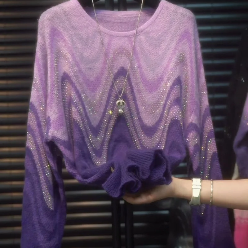 

Chinese Style Purple Gradual O-neck Knit Pullover Women Autumn New Loose Diamond Female Sweater Casual Cashmere Knitwear