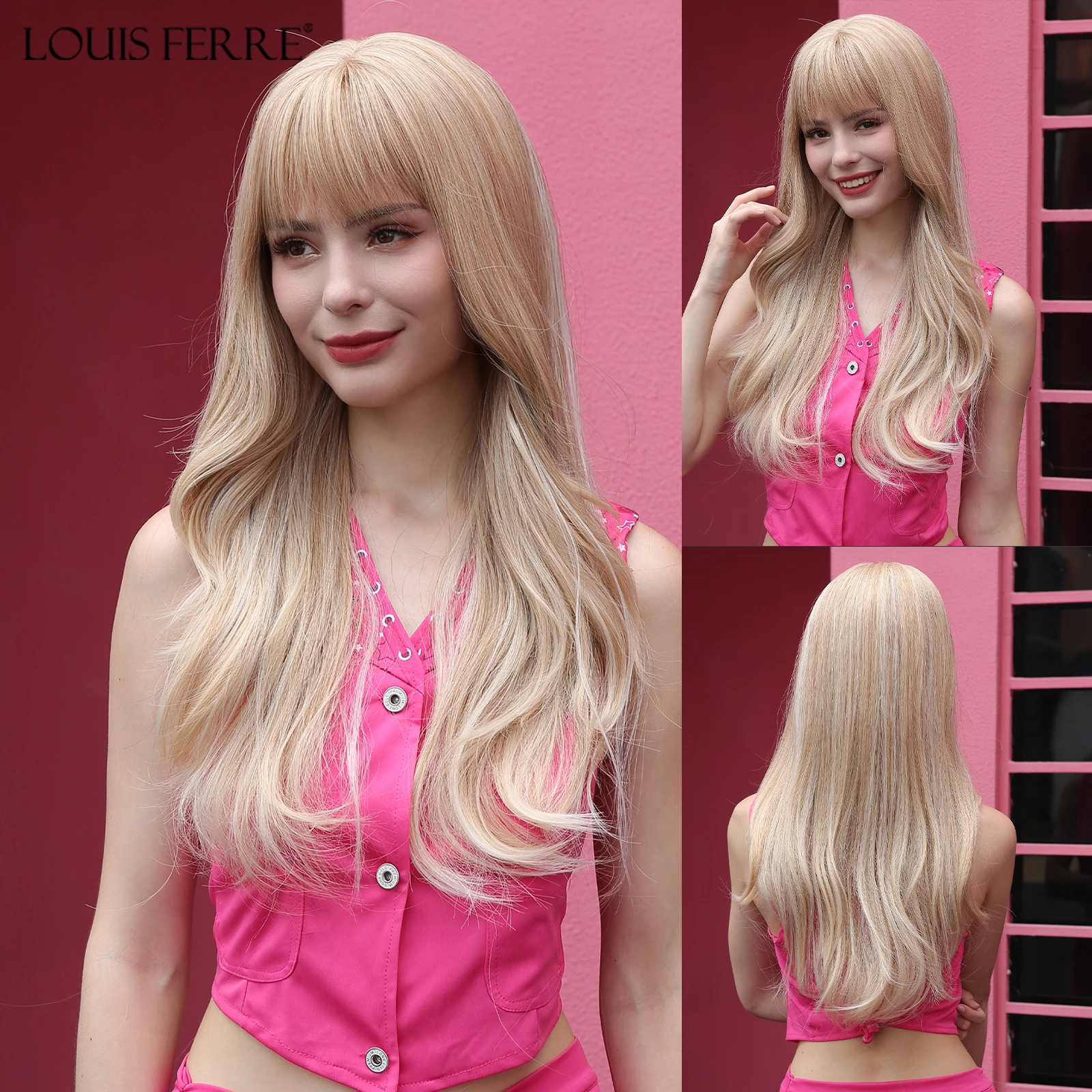 

LOUIS FERRE Long Light Blonde Synthetic Wig Natural Wave Wig With Bangs For Women Cosplay Daily Hair Heat Resistant Fiber Wig