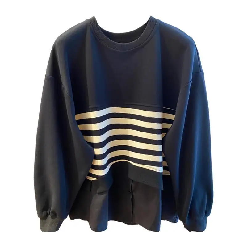 Oversized Loose Casual Women Clothes Patchwork Striped Sweatshirts Female Casual O-neck Long Sleeve T-Shirts Trend Pullovers