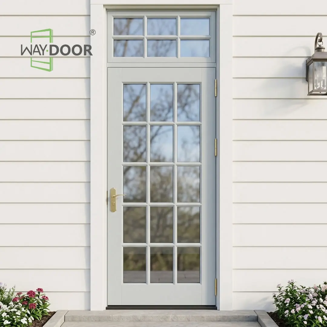 Front DoorFrench High-end Satin 6-Lite Transom Top Insulated Low-E Glazing White Oak Solid Wood Single Front Door