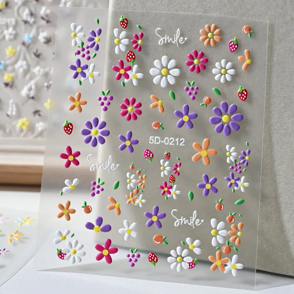 6pcs 꽃 데이지 네일 스티커 트위터 세트 5D 핑크 화이트 귀여운 데이지 작은 꽃 네일 데칼 접착제 여름 꽃 손톱