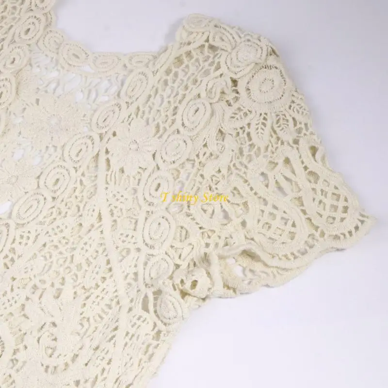 N58F Women Short Sleeve Crochet Shrugs Hollow Out Flower Lace Open Front Cropped Cardigan Sunscreen Scalloped Bolero for Jack