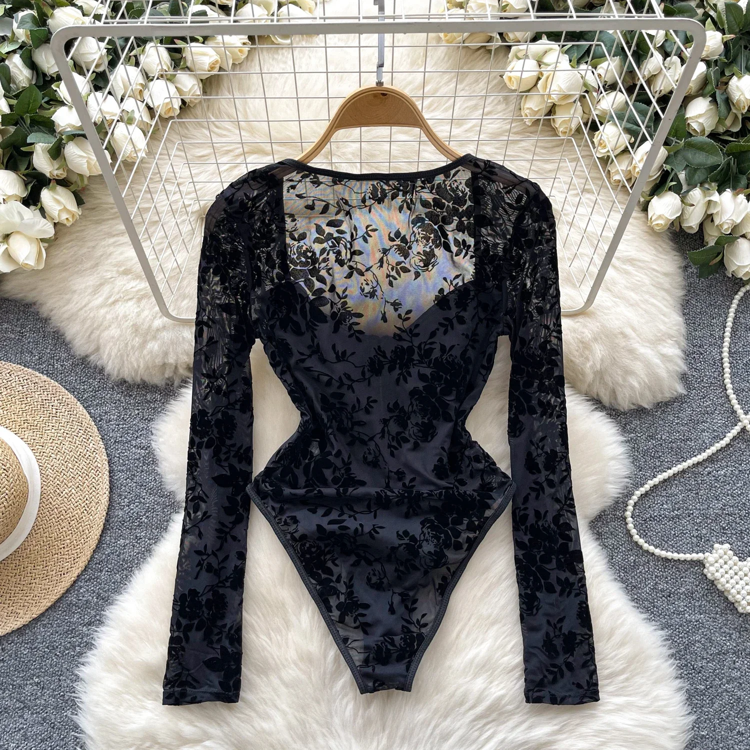 Women Hotsweet Mesh Print Vintage Square Collar Bodysuit Chic See Through Long Sleeve Jumpsuits Slim Top Rompers Autumn Clothing