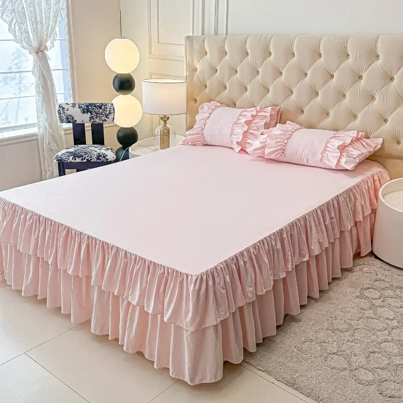 1Pc Double layer Ruffled Solid Color Bed Skirt Princess Bedroom Beds Cover Bed Skirt Non-slip Mattress Cover Bedsheet/ Bedspread