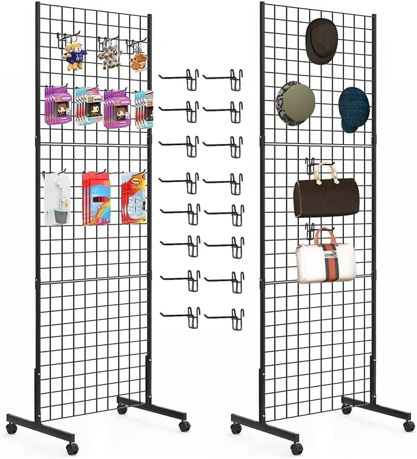 2 Packs 2'x 5' Six Pieces Gridwall Panels Stand with T-Base, Black Wire Grid Wall Display Racks with Wheels, Craft Show Display