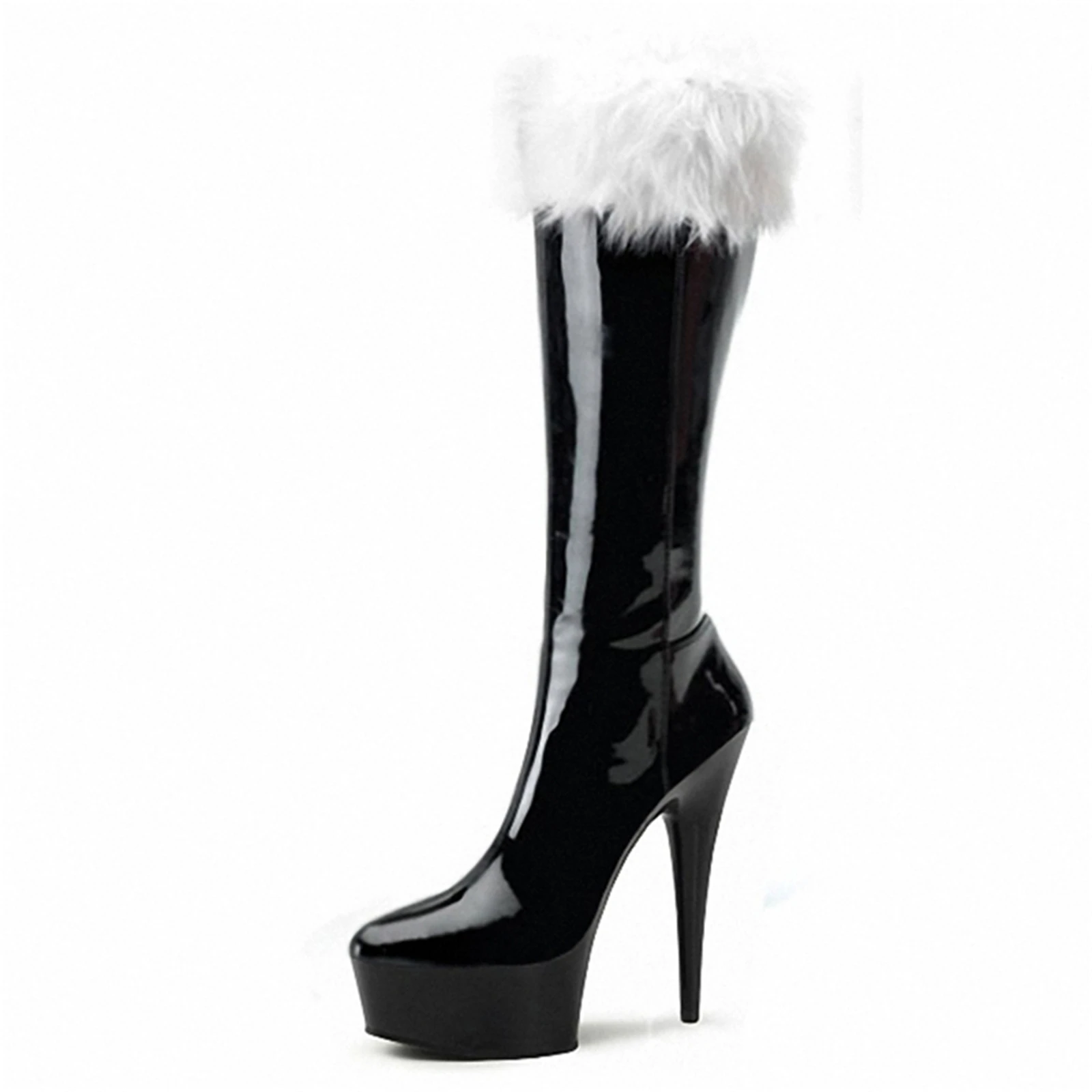 

​Glamorous Party Boots 15CM, Fluffy Cuff Platform Thigh Boots in Red & Black, Holiday Celebration Statement Wear​
