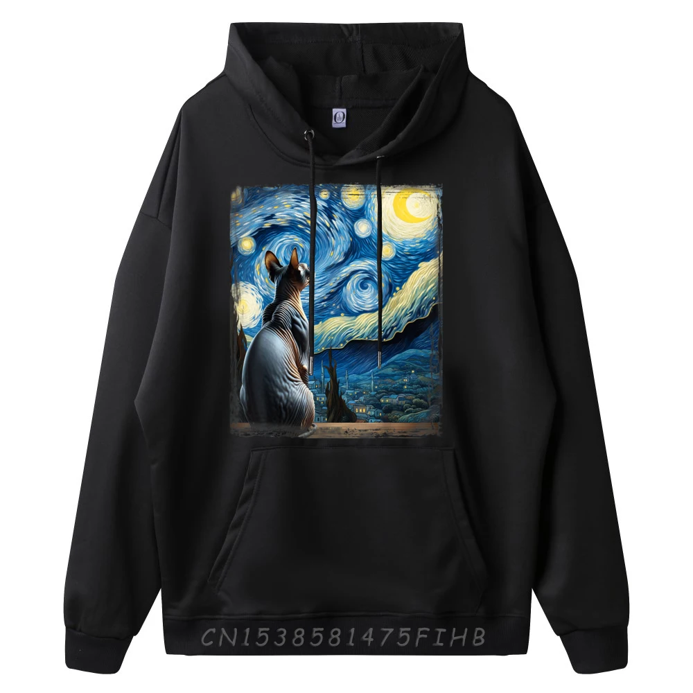 Van Gogh Starry Night Style Artistic Sphynx Cat White Hoodie Men Hoodie Printing Christmas Sweater