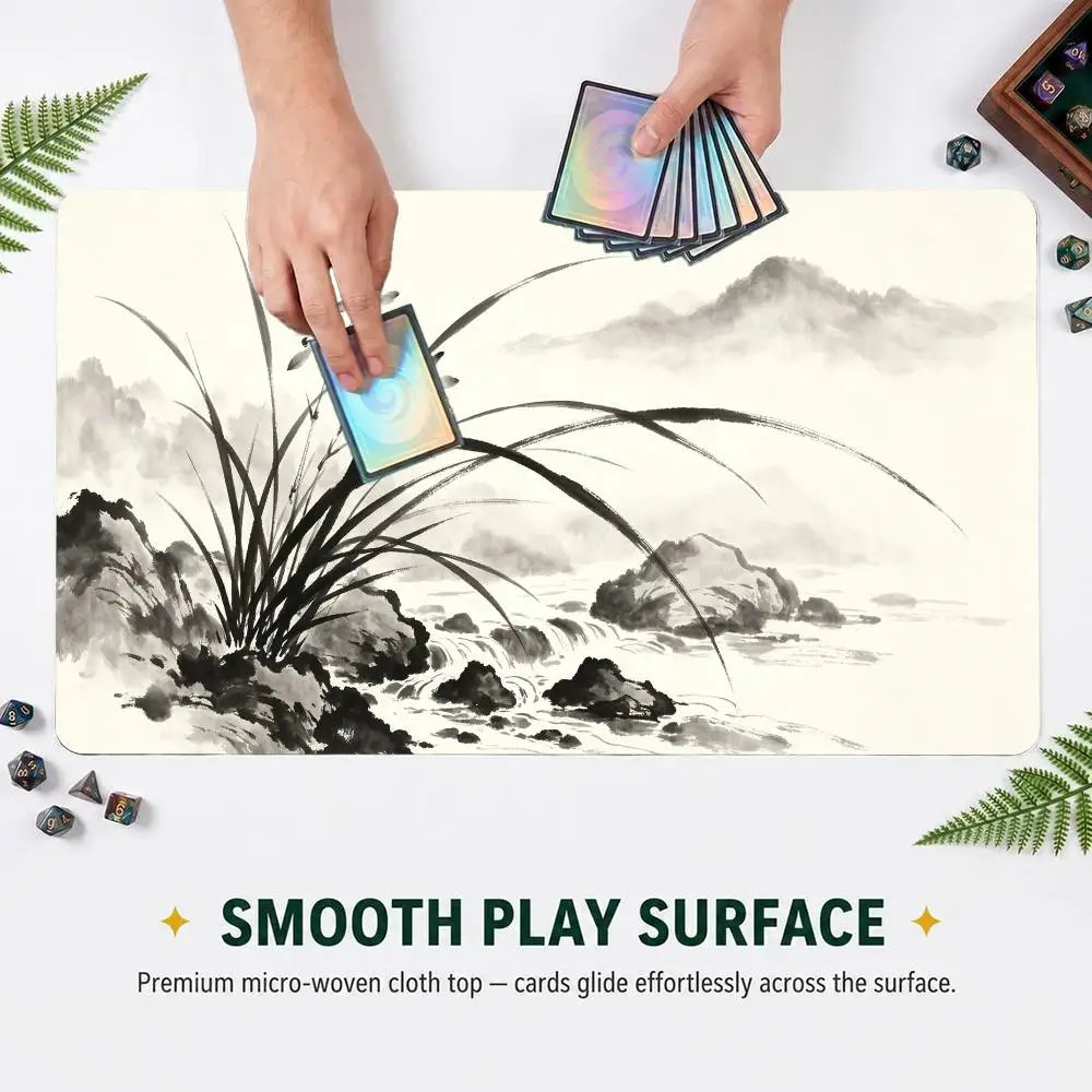 Oriental Chinese Ink Wash Painting Orchid Mountain River Playmat Rubber Non‑Slip Card Game Mat For TCG Board Game Desk Mouse Pad
