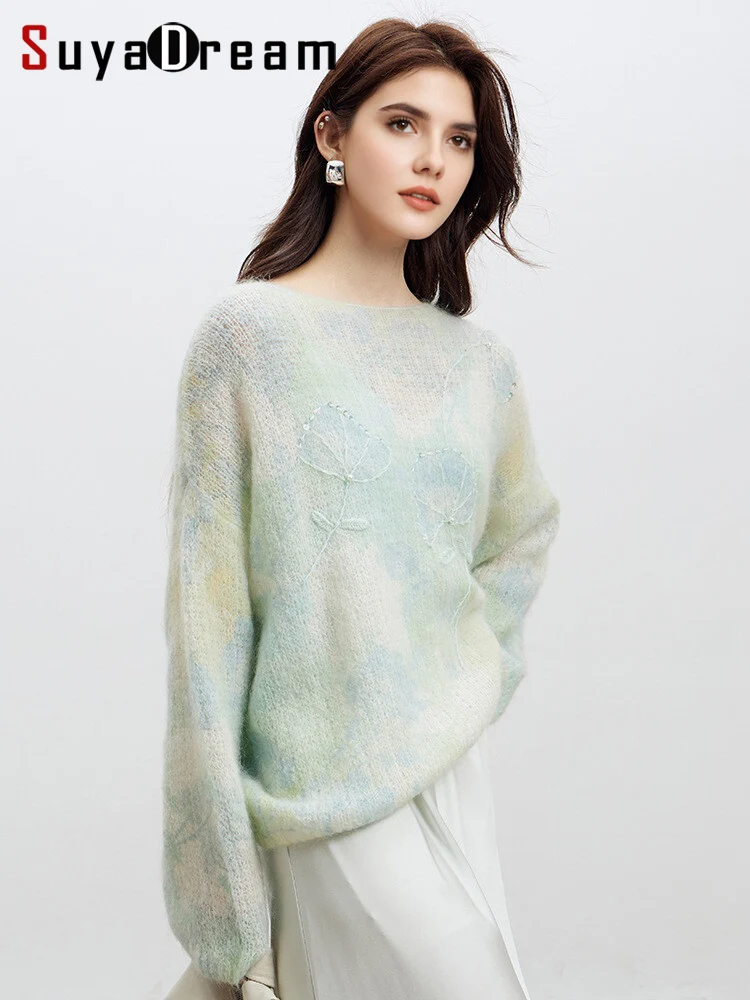 SuyaDream、女性用プリントプルオーバー、羊毛セーター、ビーズ、ラウンドカラー、2025秋冬ファッショナブルなトップス、グリーン、パープル