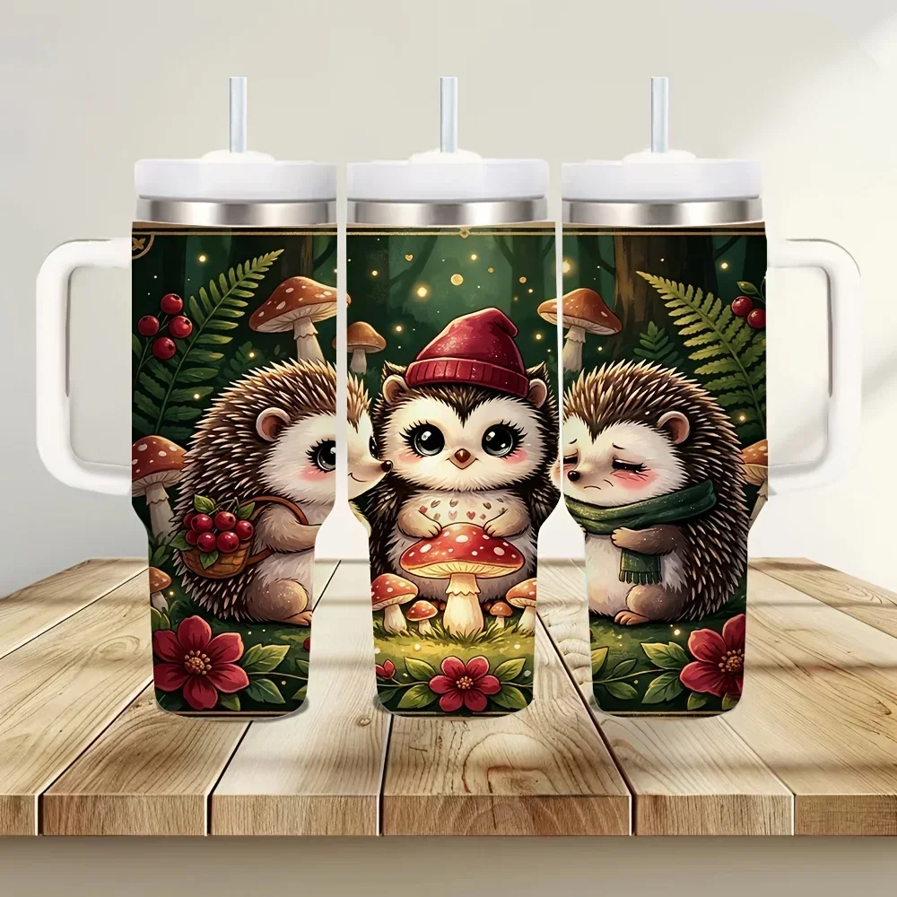 40Oz Insulated Tumbler with Handle, Printed with Cute Forest Hedgehogs, Suitable for Men Women of All Ages, Keeps Drinks Cold Or Hot, Perfect for Daily Use Outdoor Travel And Camping