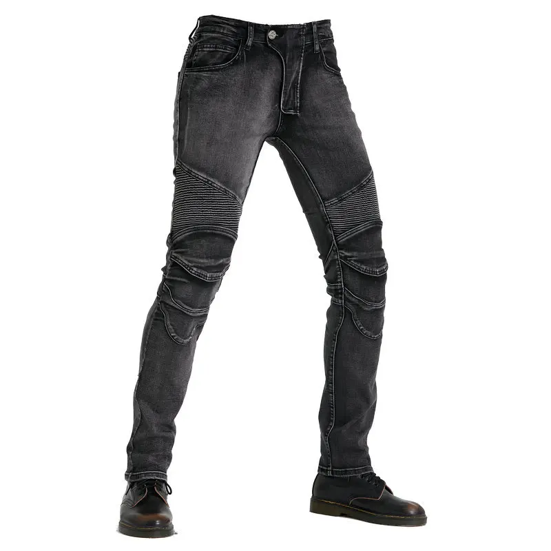 Fashion Men Retro Distressed Straight Motorbike Jeans, Stretch Silicone Non-Slip CE Protective Off-Road Anti-Fall Riding Pants