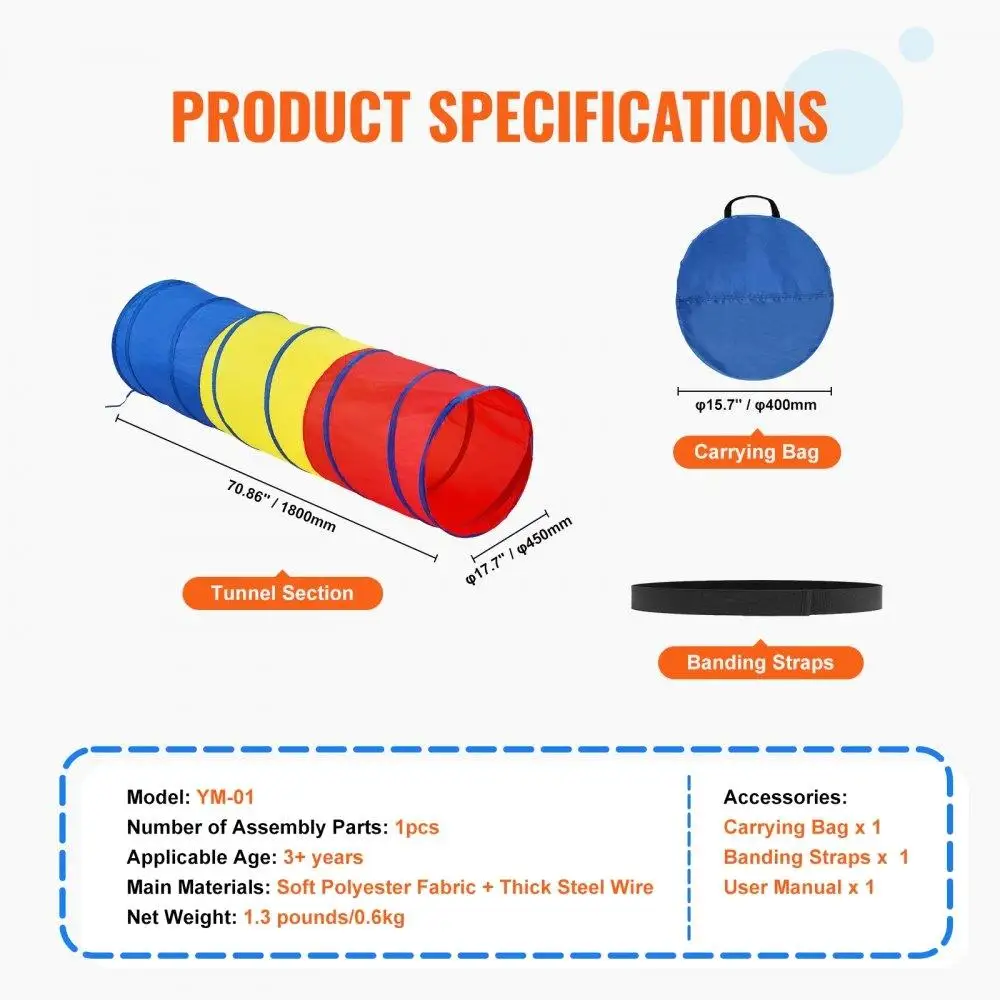 Play Tunnel Tent for toddlers Colorful Pop Up Crawling Toy Collapsible Indoor Outdoor Multicolor
