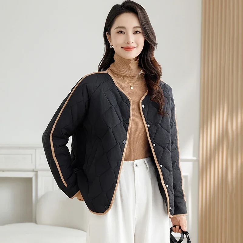Chaqueta corta ligera con forro, chaqueta acolchada de algodón para otoño e invierno, chaqueta cálida con cuello redondo, 2025