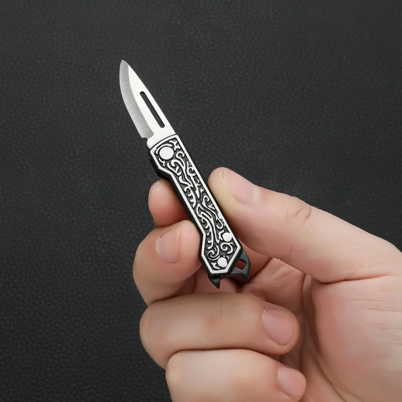 Mini Folding Knife Pattern Handle Black White Pocket Keychain Small Utility Blade Outdoor Camping Hiking Fruit EDC Tool Gift