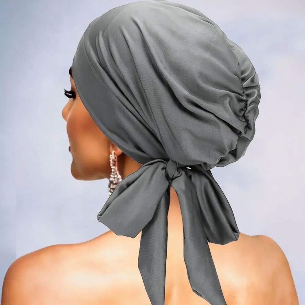 Fashion Turban Hat For Musily Women Elastic Long Tail Bowknot Wrap Breathable Soft Polyester Comfortable Chemo Cap