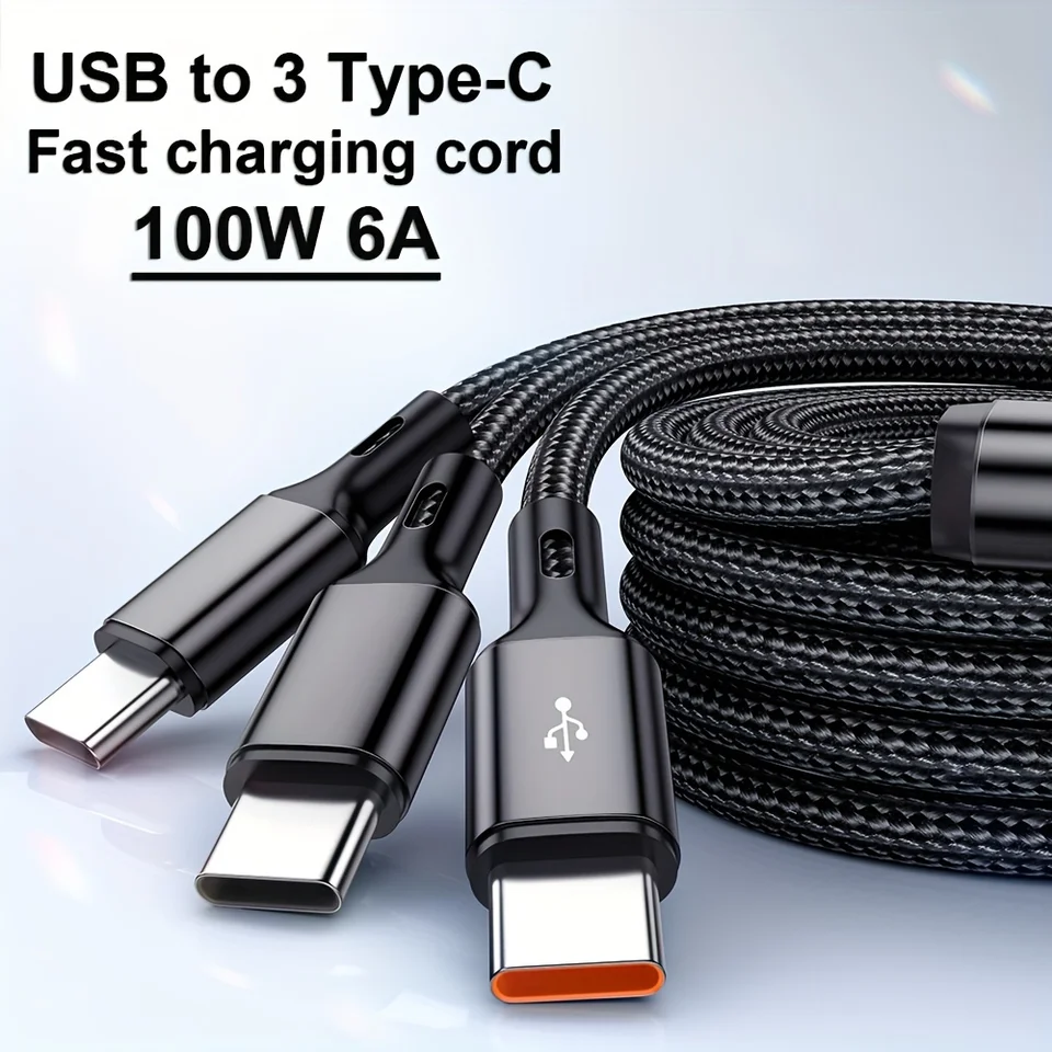 Cable 3 en 1 USB tipo C 100W de carga rápida USB A a 3 tipo C para Samsung S24 Xiaomi Huawei Android transferencia de datos 2