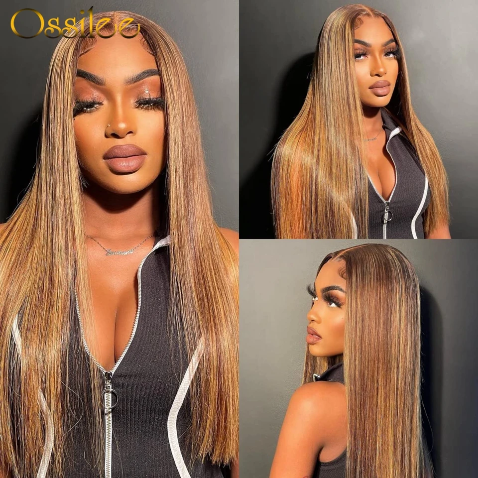 Highlight Wig Human Hair Straight Transparent 13x4 13x6 Lace Front Human Hair Wigs For Women Chocolate Brown Wig 180% Density