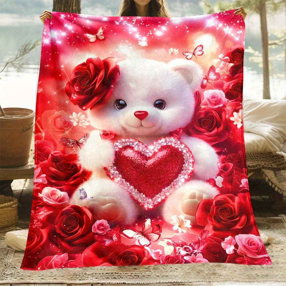 3D White teddy bear holding red heart roses butterflies romantic love gift blanket soft cozy bedroom decor Valentine