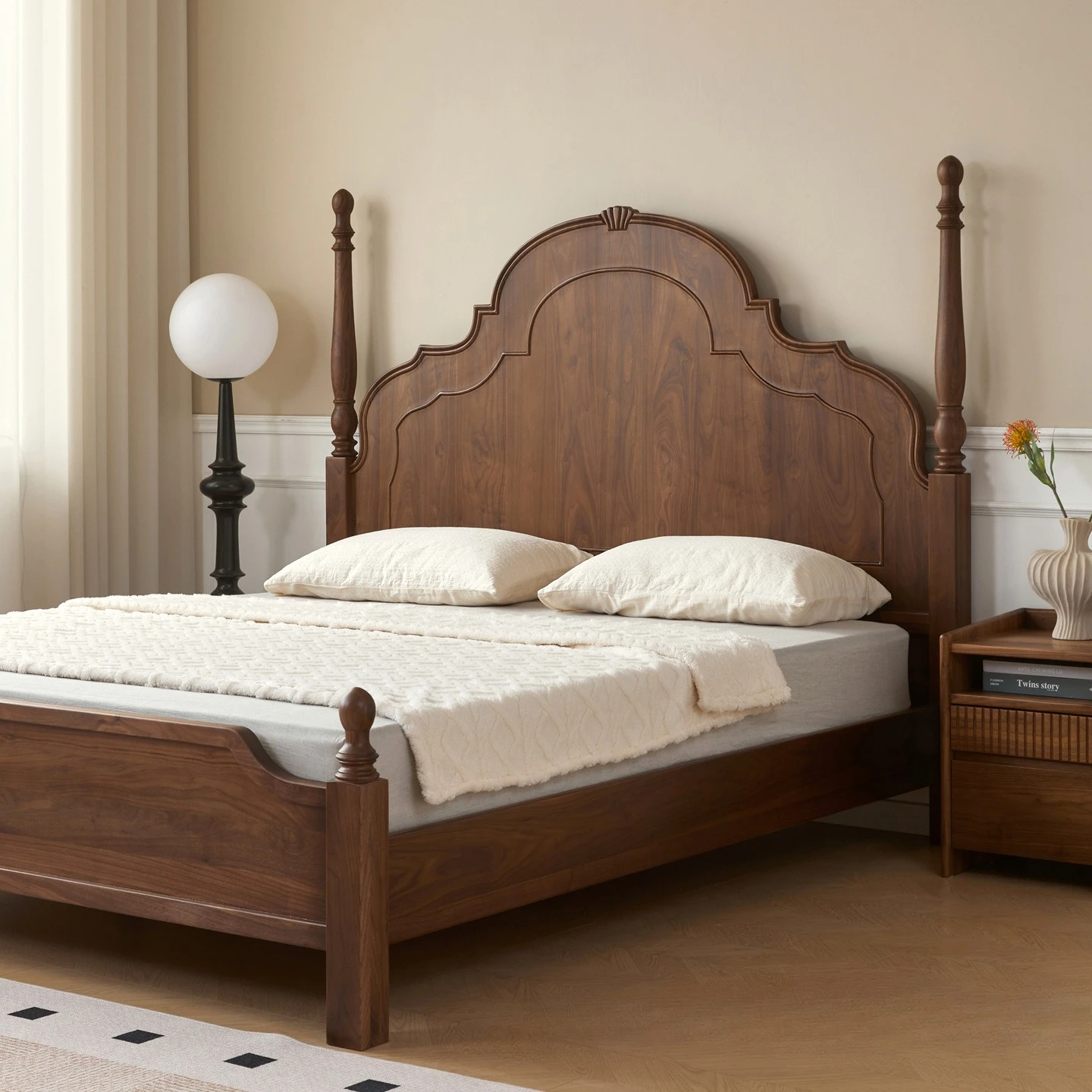 French medieval black walnut, double bed, retro bedroom solid wood wedding bed