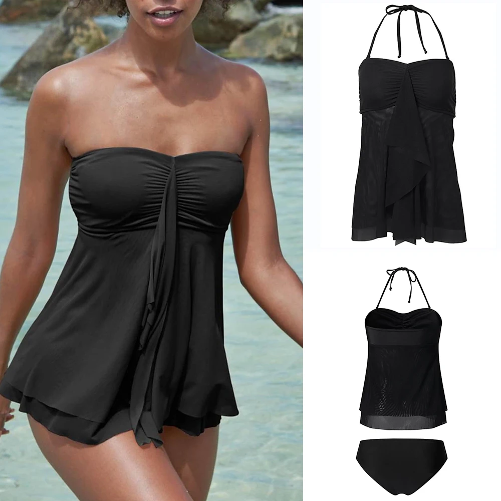 Summer Bathing Suits Women Sexy Backless Swimwear Black Swimsuit Halter Bandage Bikinis Set Gauze Spliced Tankini 2pcs Beachwear