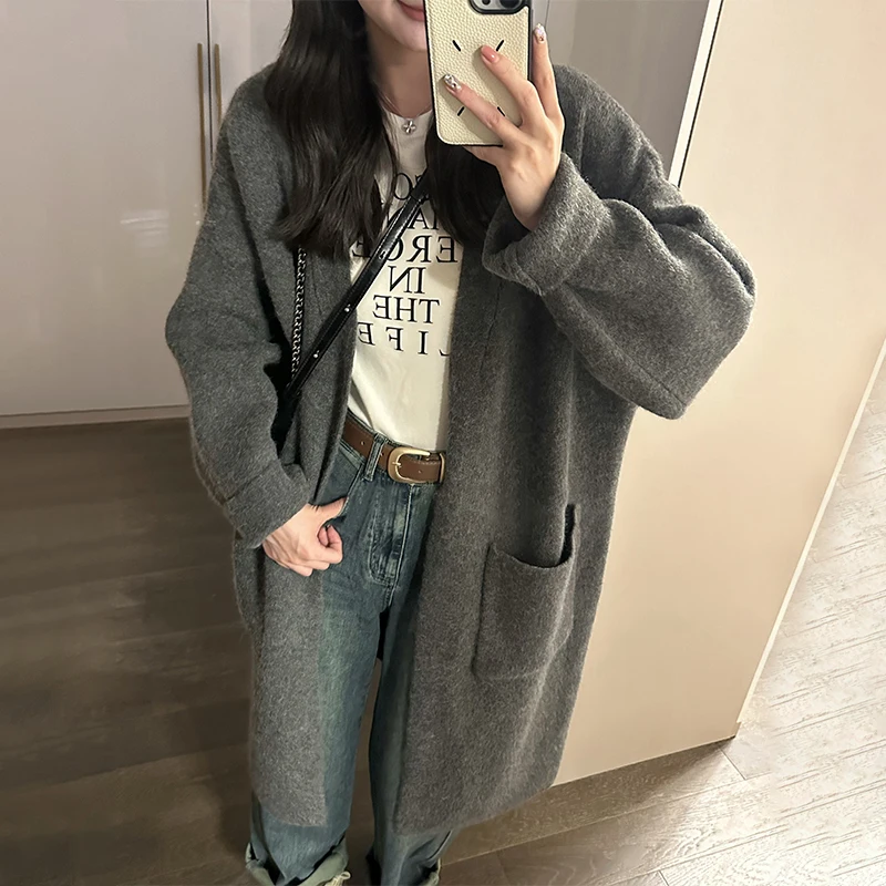 Vintage Knit Sweaters Women Cardigan Lethargy Casual Knitwear Loose Mid Long Streetwear Cardigan Coat Tops