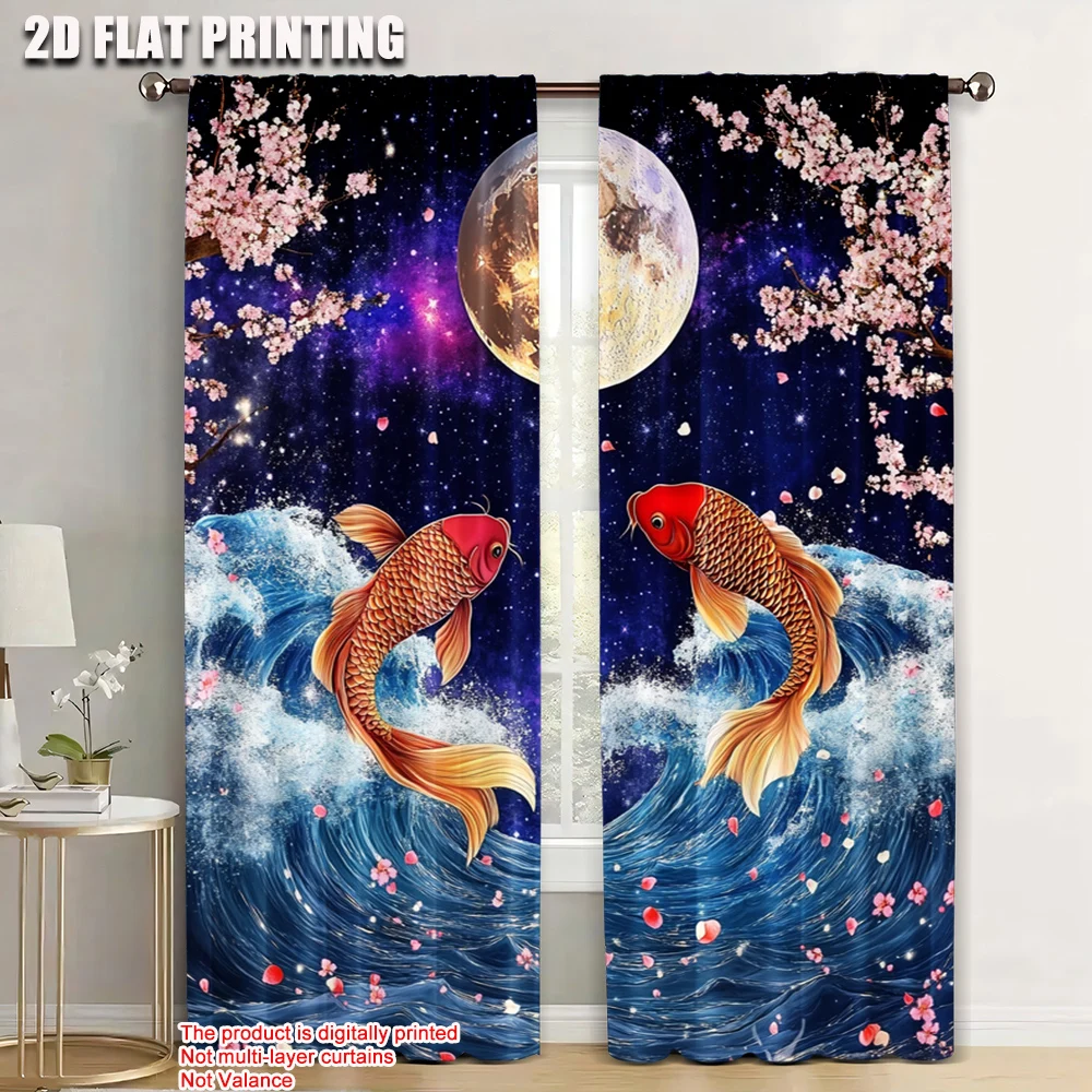 

2pc, Party Curtains Cherry Blossom Moon Sea Durable Polyester,Without Electricity Wall Decor Suitable forRoom, Parties Decor