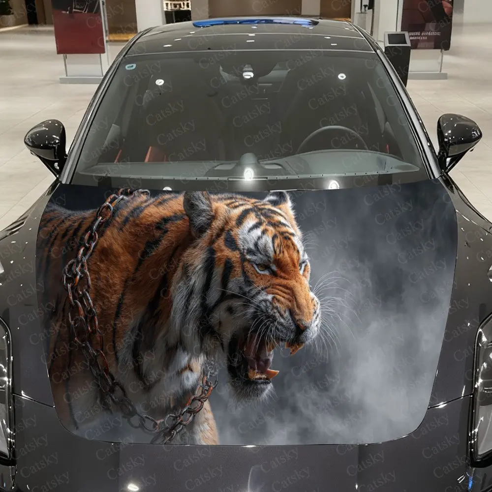 Eye-catching Chained Tiger and Clouds Car Cover Decal, Auto Hood Sticker, Waterproof and Self-adhesive Auto Vinyl Wraps, Cool Ca