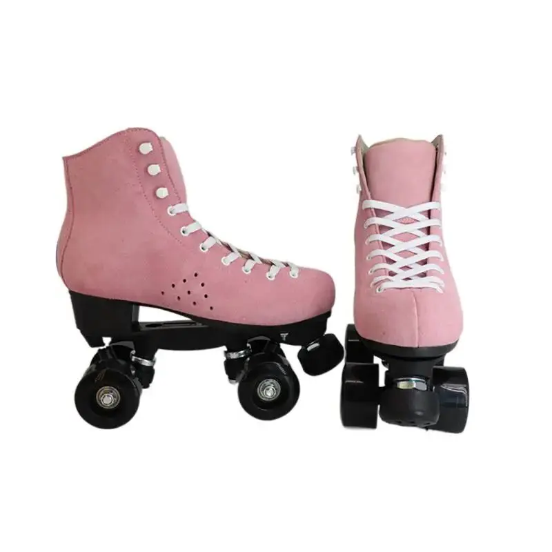 Womens Suede Quad Roller Skate Double Line Skate Double Line Pink Skating Shoes Retro Sport Patines Sliding Gears Size 33-48