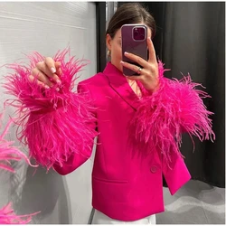 ZA Fashion Pink Feathers Sleeve Blazer Women Elegant One Button Jacket Trousers 2024 Casual Autumn Office Outfits